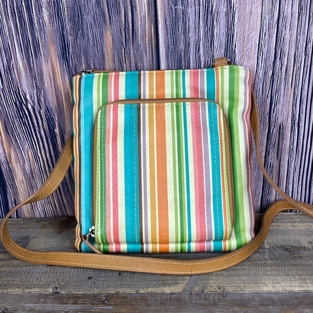 Woman’s Fossil Multi- Colored Striped Leather Crossbody With Tan Leather Strap